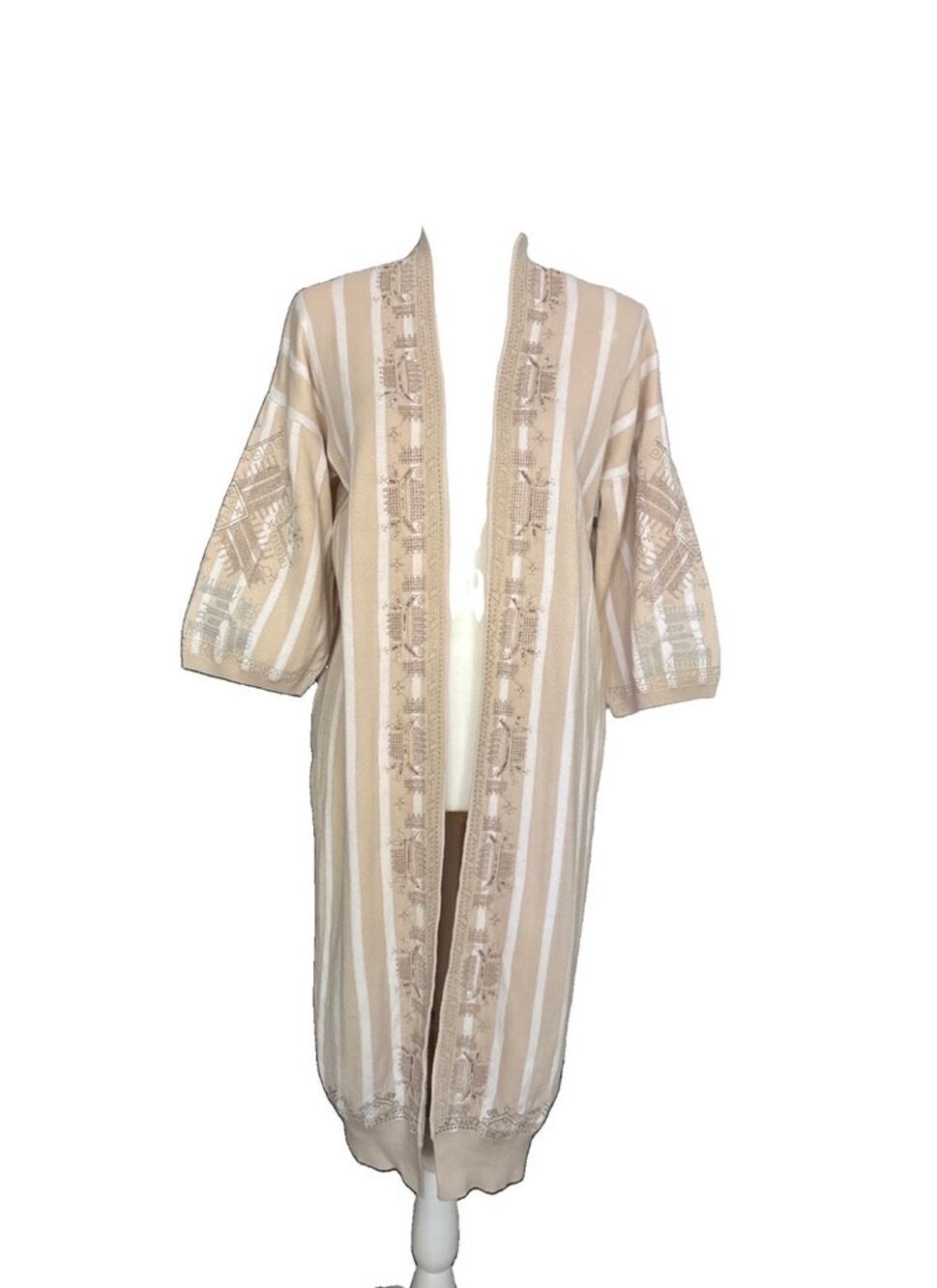 GAP Kimono Duster Long Cardigan Womens SP Beige Neutral Stripe Embroidered